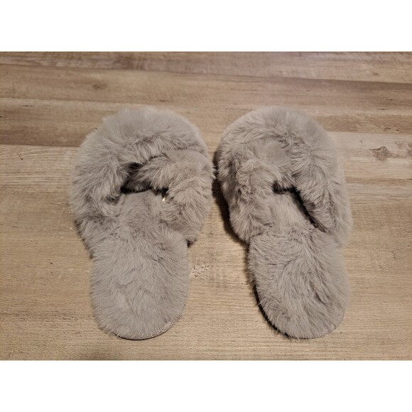 Lauren Conrad LC X-Band Criss Cross Faux Fur Gray Slippers Sz L (8-9) - Picture 4 of 5